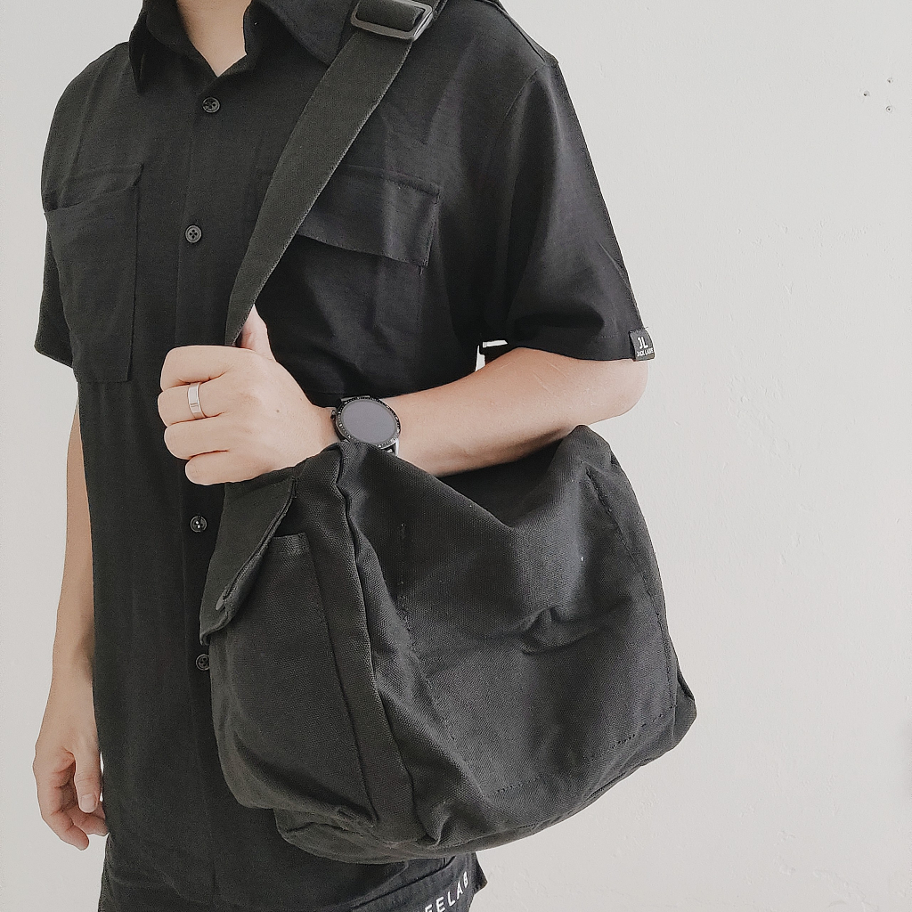 Túi đeo chéo vải canvas 2 túi hộp bên hông kiểu dáng hiện đại