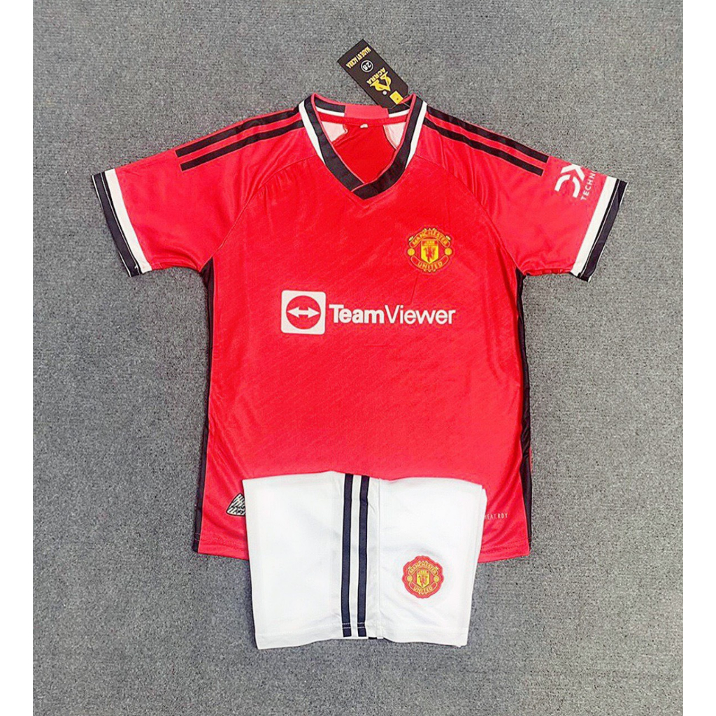 Bộ quần áo thể thao đá bóng Trẻ em đội MU mùa giải 2023-2024 , Áo đá banh cộc tay vải mè thoáng mát