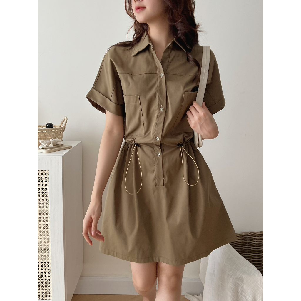 Đầm-váy sơ mi cổ bẻ dây rút chun eo tay gập dáng ngắn