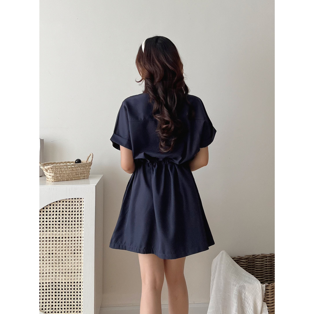 Đầm-váy sơ mi cổ bẻ dây rút chun eo tay gập dáng ngắn
