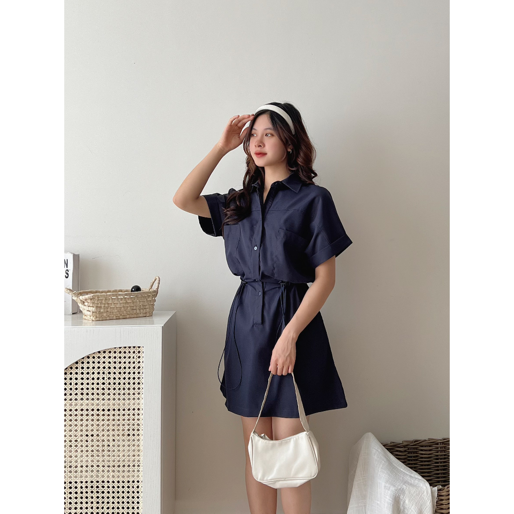 Đầm-váy sơ mi cổ bẻ dây rút chun eo tay gập dáng ngắn