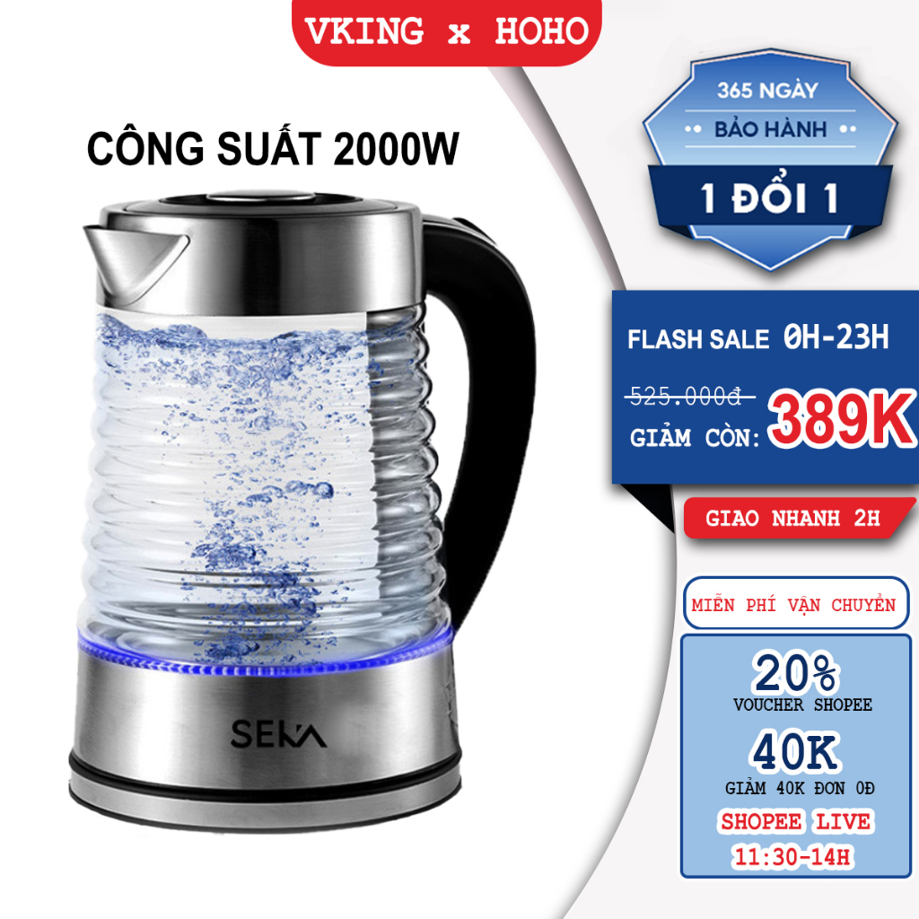 Ấm Đun Siêu Tốc Hoho Thủy Tinh Có Đèn Led Tự Ngắt Khi Sôi Công Suất 2000W Bình 2.2L Hàng Chính Hãng Bh 1 Năm