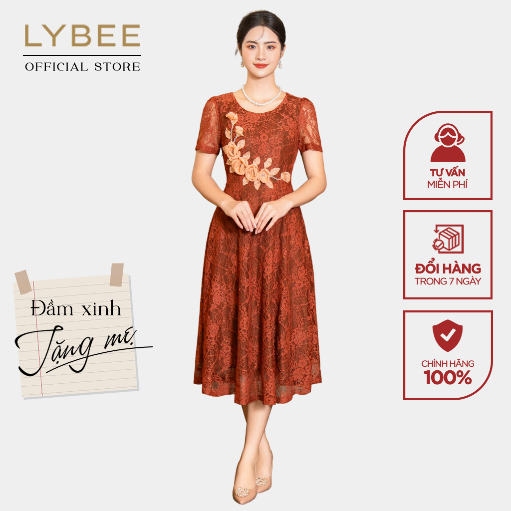 Đầm trung niên LYBEE LVV079 dáng xòe chất liệu ren hoa cao cấp quà tặng cho mẹ