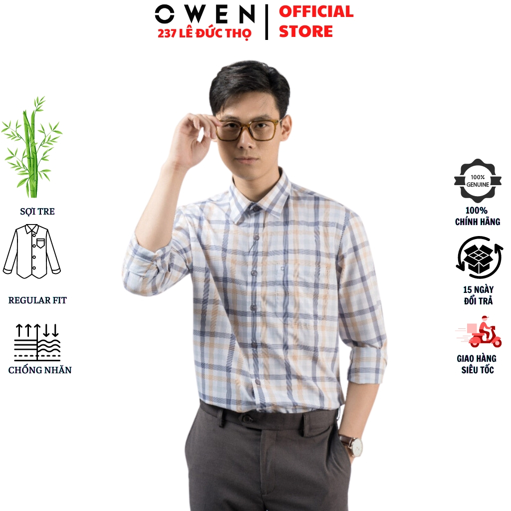 Áo sơ mi nam OWEN AR220126DT somi dài tay công sở trắng kẻ caro cam ghi regular fit tà lượn có túi chất sợi tre cao cấp