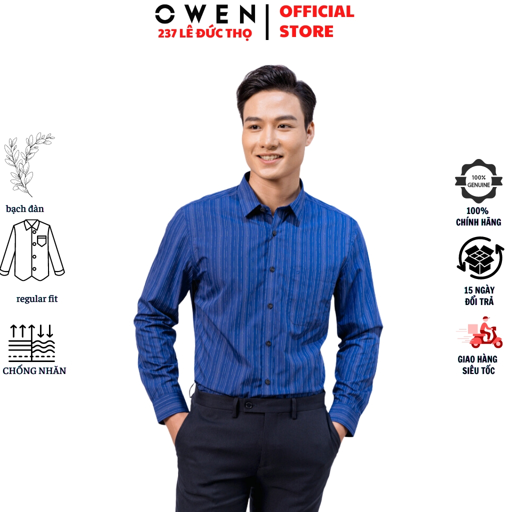 Áo sơ mi nam OWEN AR22907DT somi dài tay công sở xanh navy kẻ sọc trắng regular fit tà lượn có túi sợi bạch đàn cao cấp