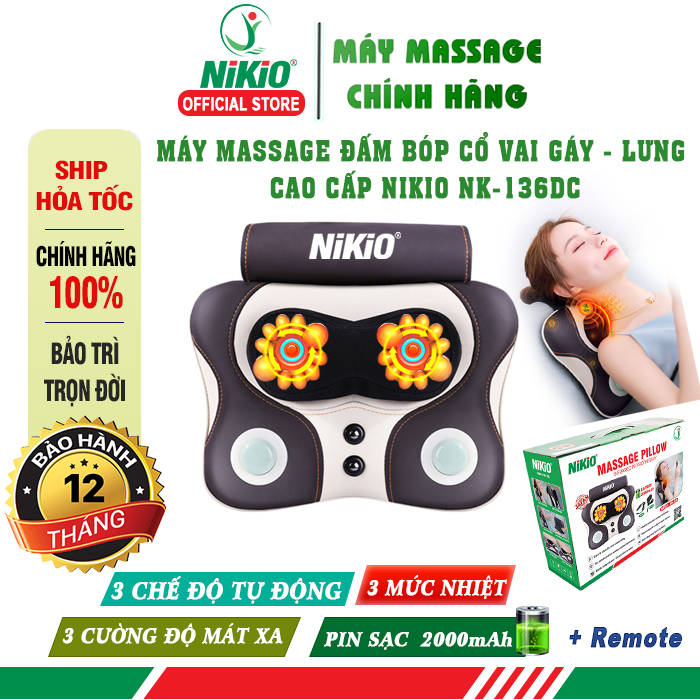 Gối Massage Cổ Vai Gáy Nikio NK-136DC Đen Xám, Kích Thước 350x110x260mm, Pin Sạc Li-ion 2000mAh