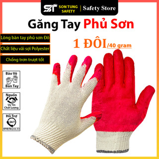 Găng tay bảo hộ lao động, găng tay làm vườn chất liệu polyester màu trắng phủ sơn đỏ