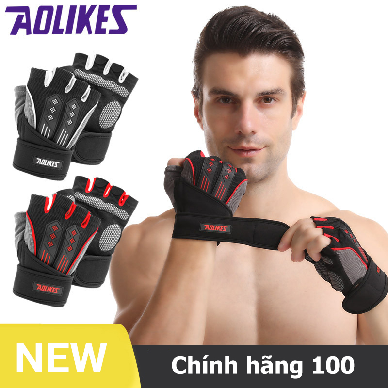Găng tay nam tập gym, chơi thể thao Aolikes A115 có quấn cổ tay| Găng tay tập gym hở ngón Aolikes ch