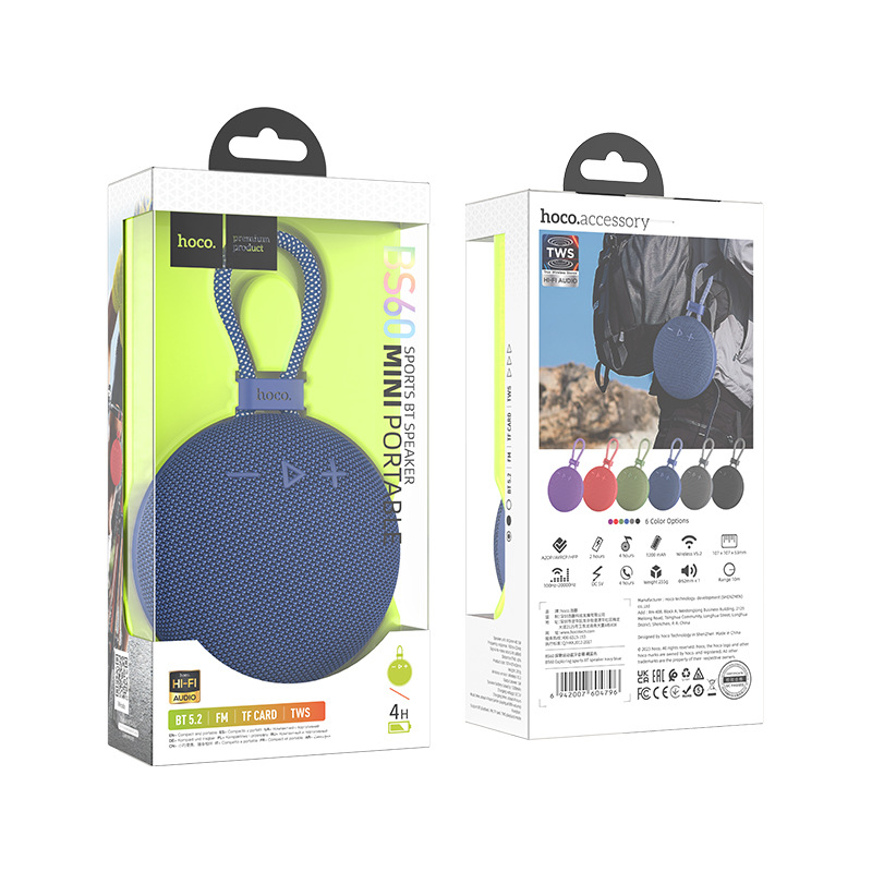 Loa bluetooth Hoco BS60 không dây V5.2 âm thanh TWS chế đội ghép đôi 2 loa, cắm thẻ nhớ TF, đài FM có dây treo