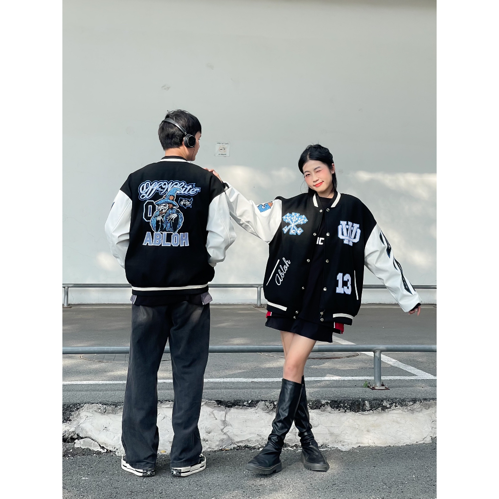 Áo khoác Bomber Varsity Jacket O.ff White AC Milan chất dạ 2 lớp phối tay da Pu cao cấp, Áo khoác bóng chày - Yoshop