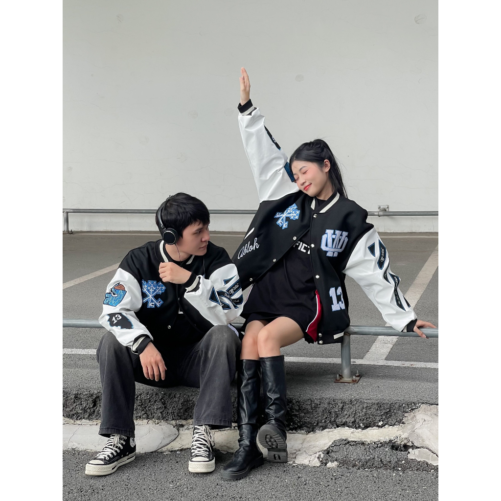 Áo khoác Bomber Varsity Jacket O.ff White AC Milan chất dạ 2 lớp phối tay da Pu cao cấp, Áo khoác bóng chày - Yoshop