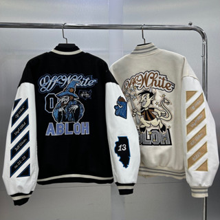 Áo khoác Bomber Varsity Jacket O.ff White AC.Milann chất dạ 2 lớp phối tay da Pu cao cấp, Áo khoác bóng chày - Yoshop