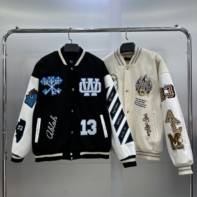 Áo khoác Bomber Varsity Jacket O.ff White AC Milan chất dạ 2 lớp phối tay da Pu cao cấp, Áo khoác bóng chày - Yoshop