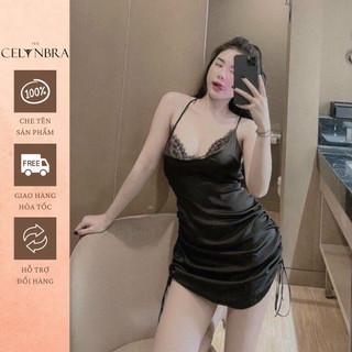 Váy ngủ lụa satin viền ren phối dây rút hông gợi cảm the celynbra - v89