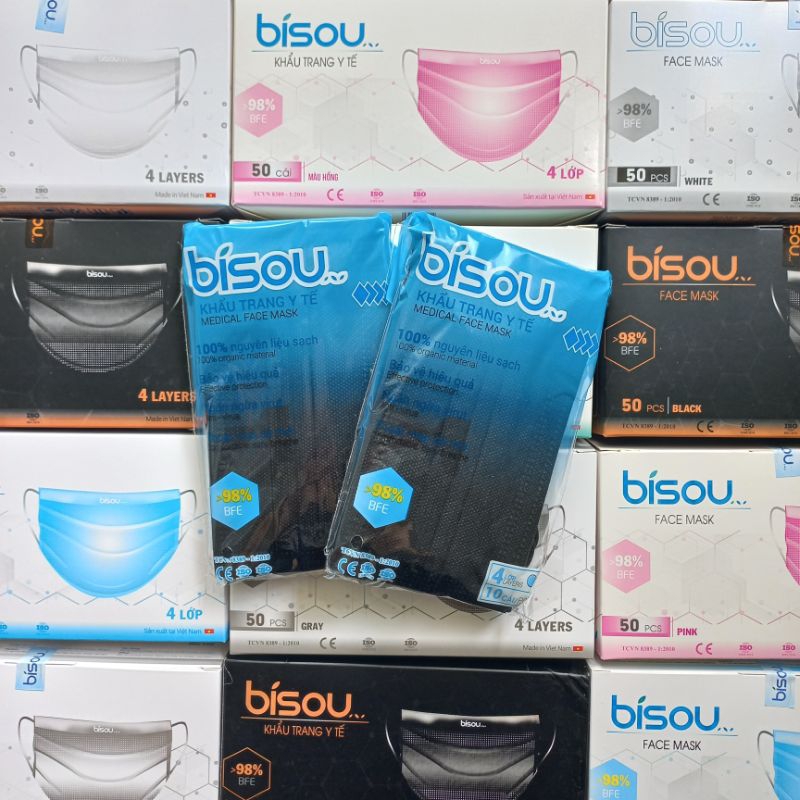 Hộp 50 cái khẩu trang y tế BISOU 4 lớp Kháng Khuẩn 6 màu Trẻ Trung