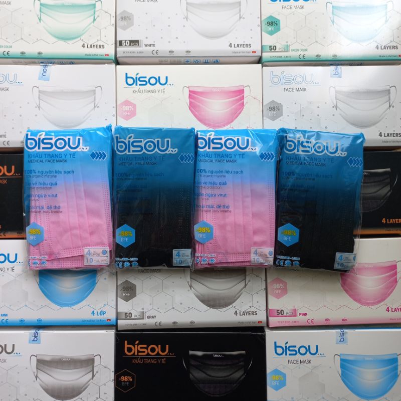 Hộp 50 cái khẩu trang y tế BISOU 4 lớp Kháng Khuẩn 6 màu Trẻ Trung