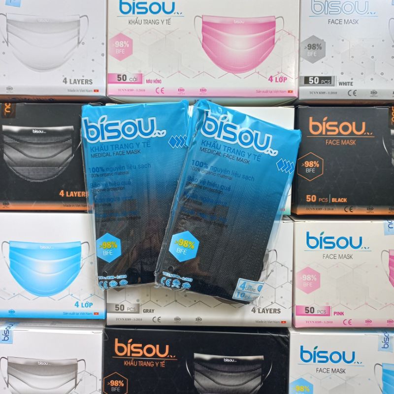 Hộp 50 cái khẩu trang y tế BISOU 4 lớp Kháng Khuẩn 6 màu Trẻ Trung