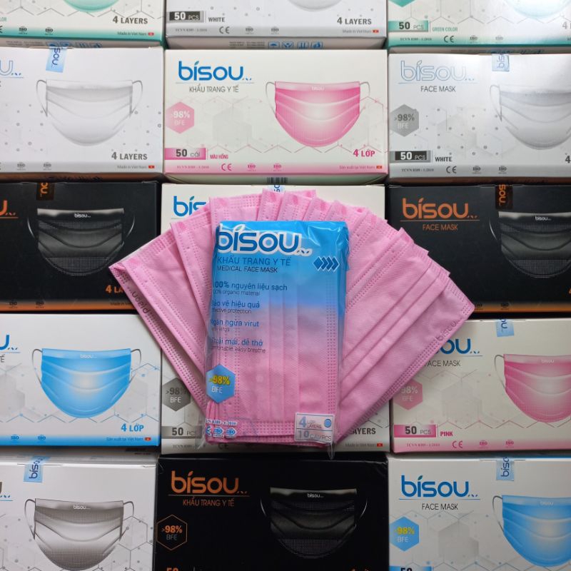 Hộp 50 cái khẩu trang y tế BISOU 4 lớp Kháng Khuẩn 6 màu Trẻ Trung