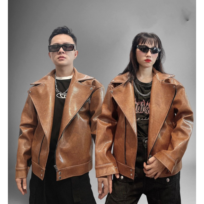 Áo khoác da jacket biker kelshop tone vàng nâu