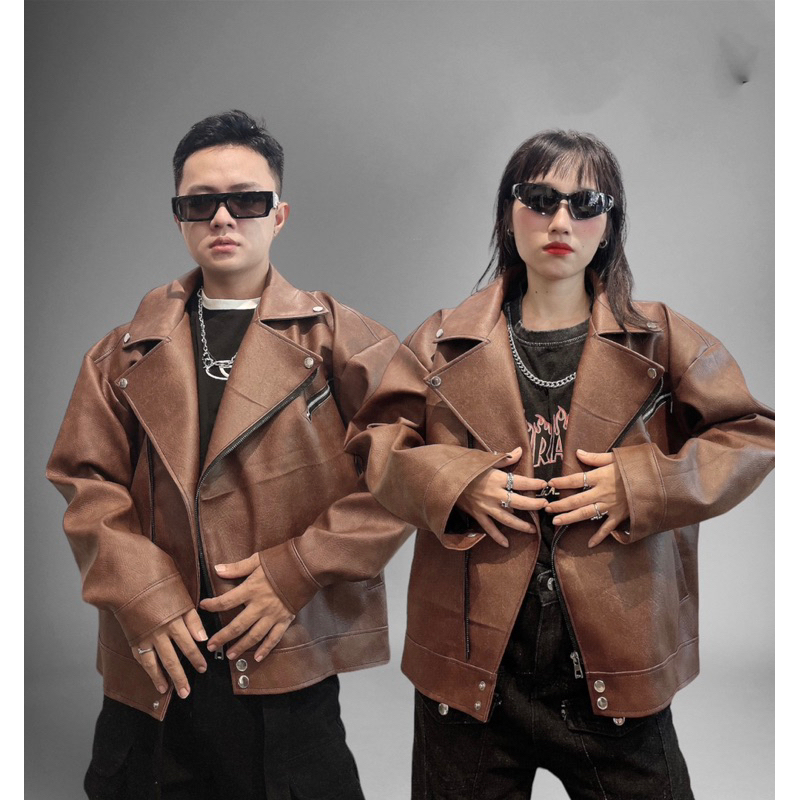 Áo khoác da jacket biker kelshop tone vàng nâu