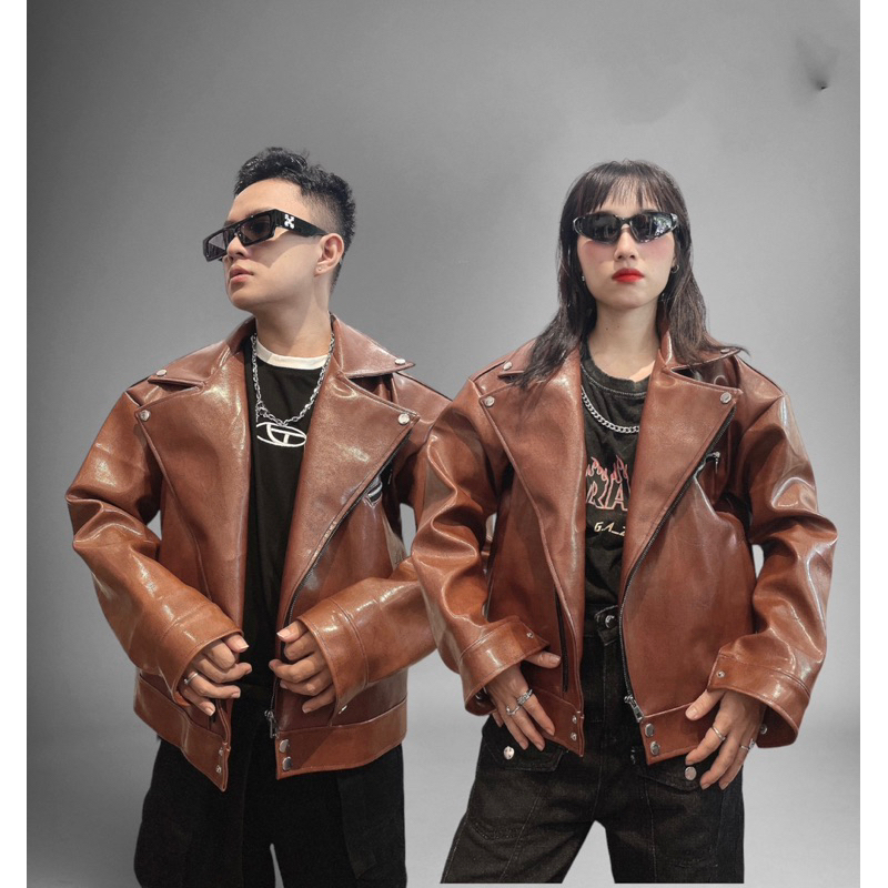 Áo khoác da jacket biker kelshop tone vàng nâu