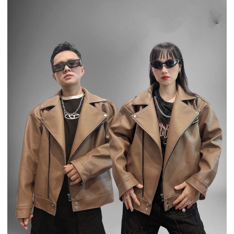 Áo khoác da jacket biker kelshop tone vàng nâu