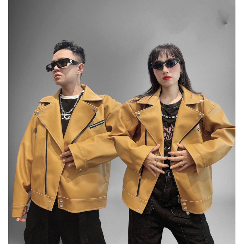 Áo khoác da jacket biker kelshop tone vàng nâu