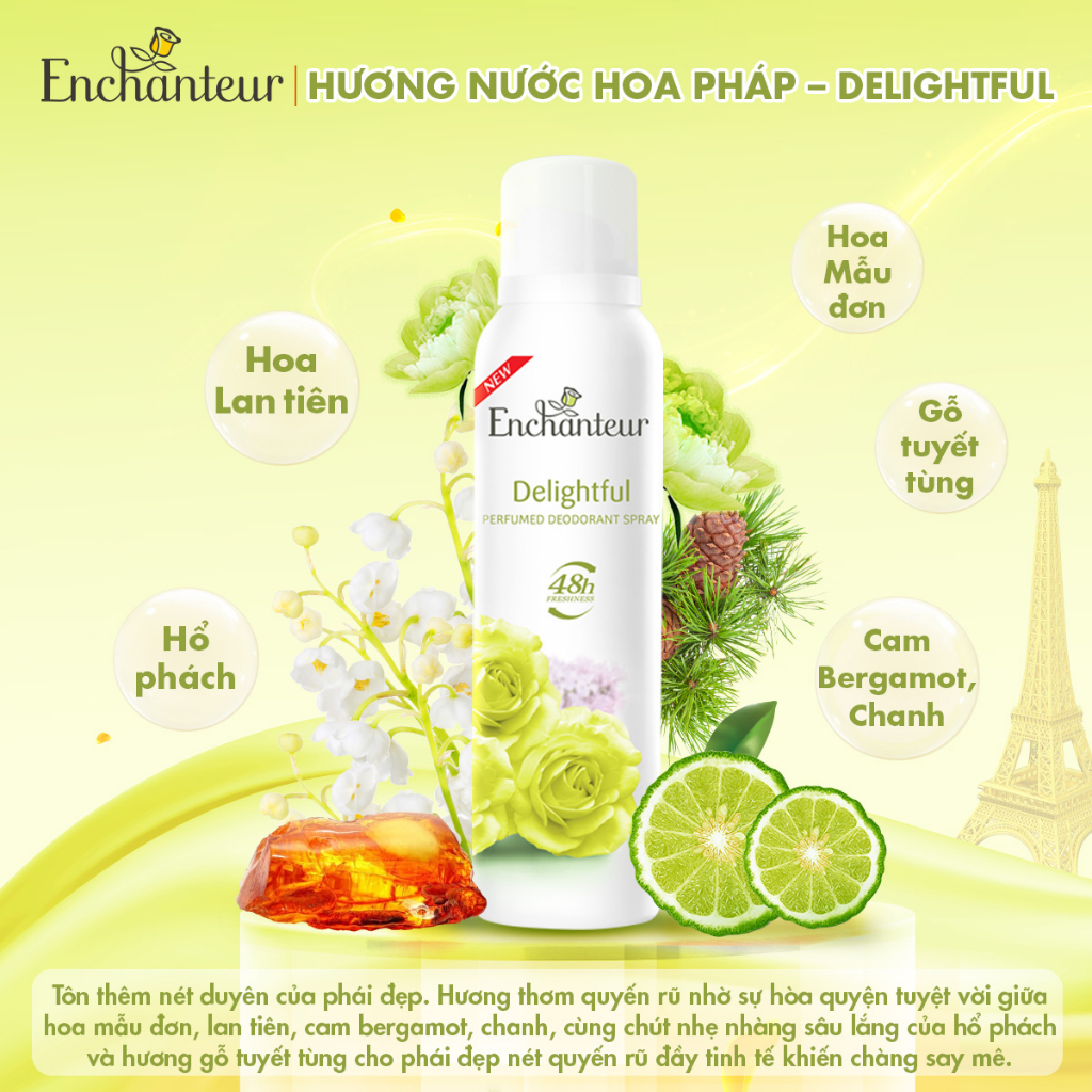 Combo 2 xịt khử mùi hương nước hoa Enchanteur Charming/ Sensation/ Delightful/ Romantic/ Magic 150ml/ chai