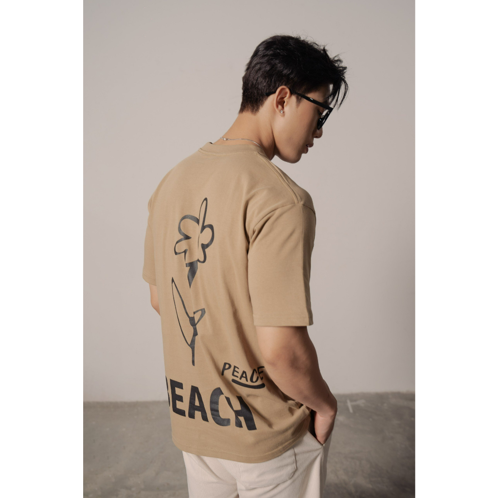 Áo Thun Nam Cao Cấp 2 màu Kem và Nâu In Beach BY COTTON