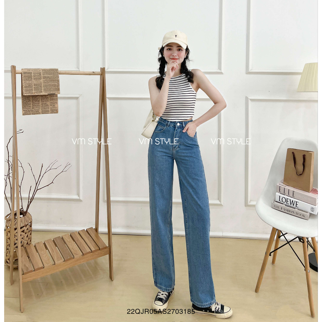 Quần jean nữ ống rộng VMSTYLE lưng cao trơn lai thường N110 Đ111 QJR00101