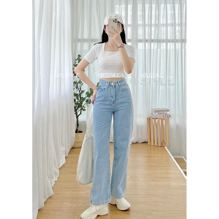 Quần jean nữ ống rộng VMSTYLE lưng cao trơn lai thường N110 Đ111 QJR00101