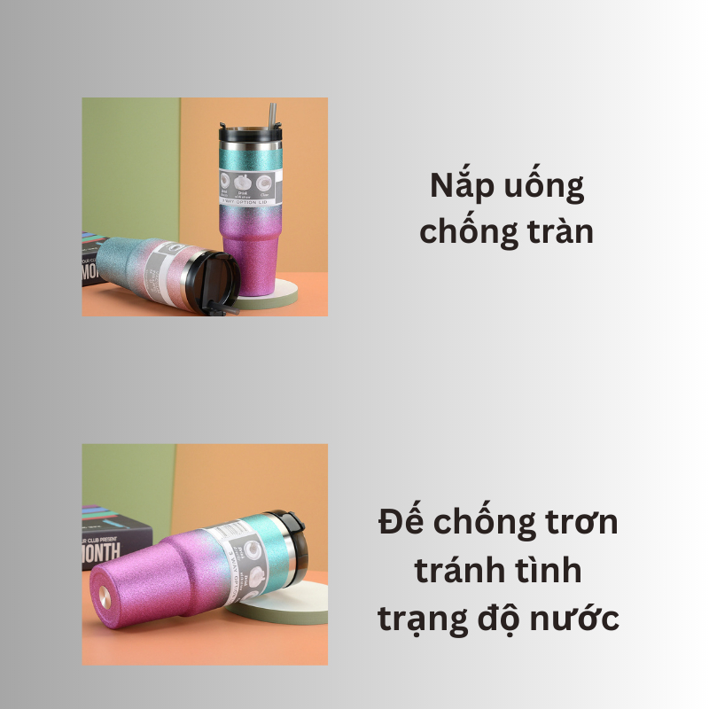 Cốc giữ nhiệt sơn nhũ kèm ống hút 600ml/900ml nắp chống tràn inox 304 giữ nhiệt 6h