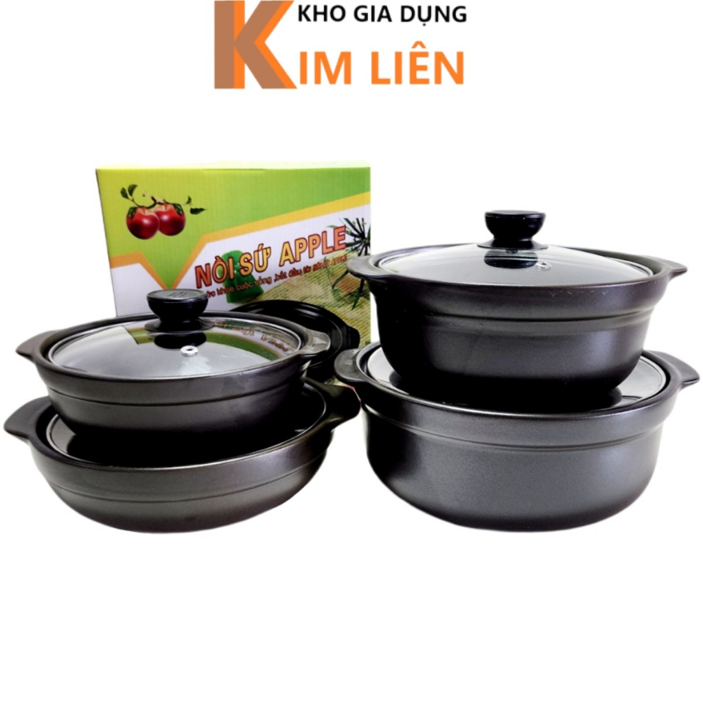 Nồi đất sứ APPLE tráng men chống dính 1L, 1L5, 2L - Nắp kính, sâu lòng, cạn lòng - Kho cá, thịt, nấu mì, cơm niêu
