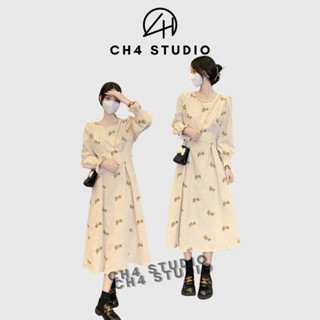 [SẴN] Váy nhung tăm nữ tay phồng, đầm len dài hoa nhí phong cách cổ điển Hàn Quốc mùa thu đông