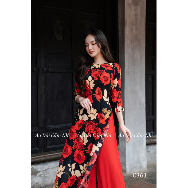 Áo dài cổ tròn 2 tà, Áo dài in hoa hồng Mã C361