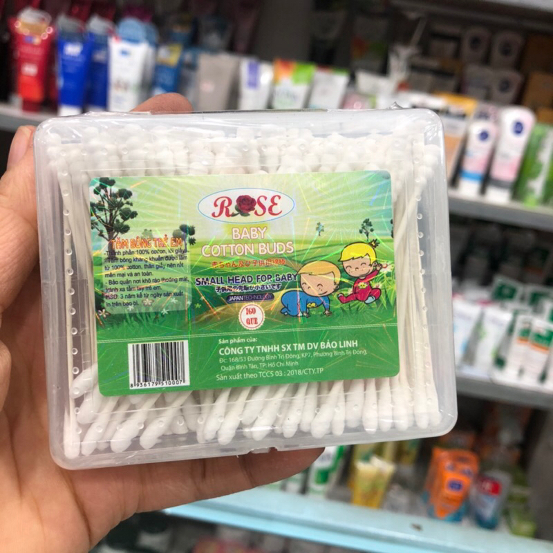 Tăm Bông Kháng Khuẩn Trẻ Em Que Giấy Rose, Hộp 160 Que