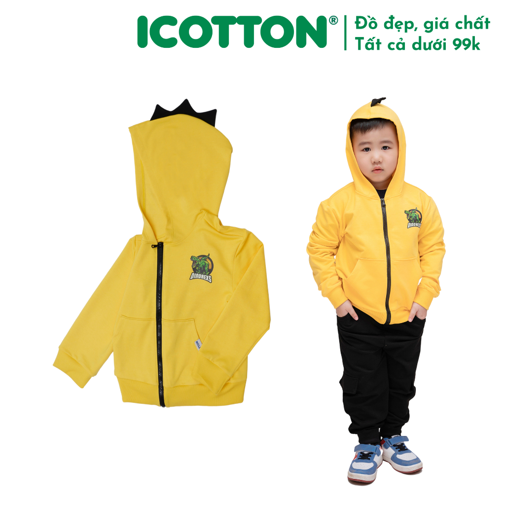 Áo phông bé trai hình khủng long Vàng Cam hoodie kéo khoá BT153