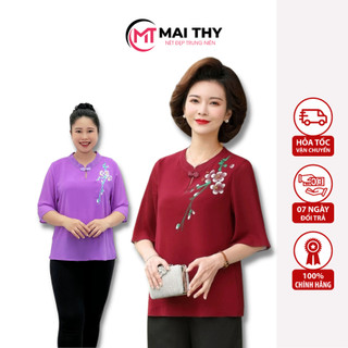 Áo Thêu Trung Niên MAI THY 771, Mẫu Sơ Mi Nữ Form Rộng Cổ Tàu Thêu Hoa Mai Chất Voan Hàn | Thời Trang Trung Niên U50