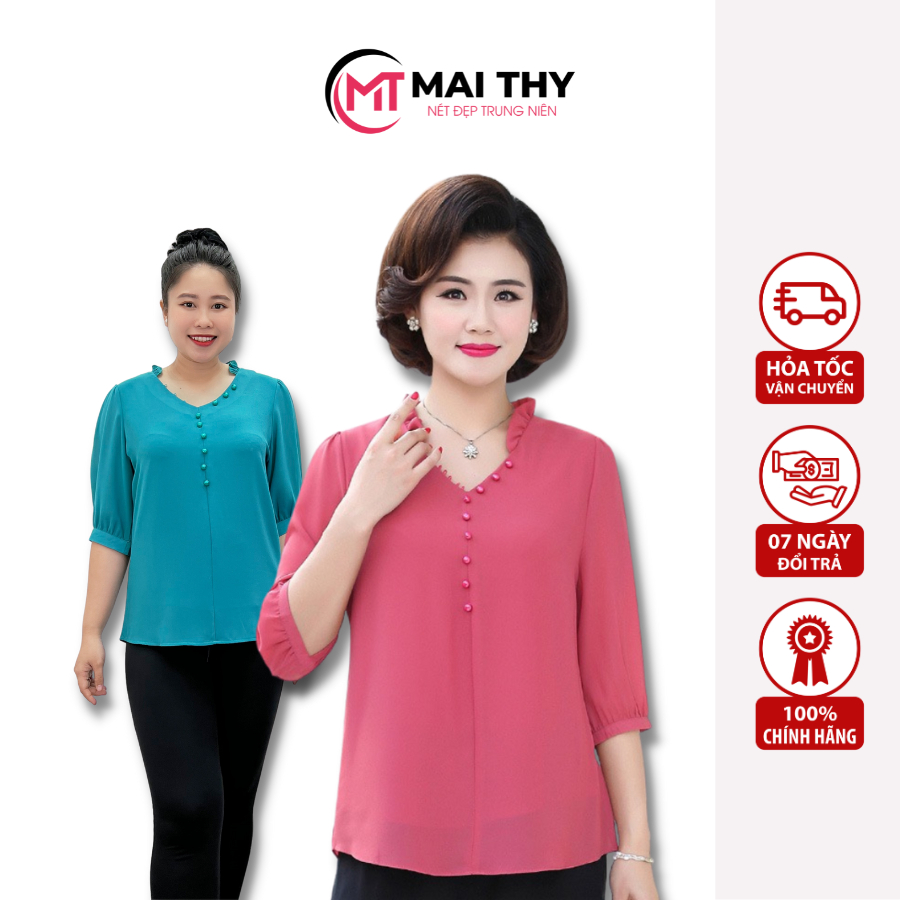 Áo Trung Niên MAI THY MT111, Kiểu Sơ Mi Nữ Bigsize Cổ Bèo Tay Lỡ Phối Nút Lịch Sự Trang Nhã | Thời Trang Trung Niên U40