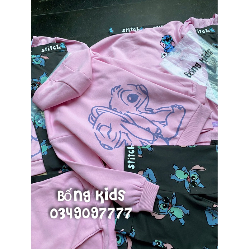 Bộ Nỉ Hoodie Bé Gái Stitch Hồng/Xám PR