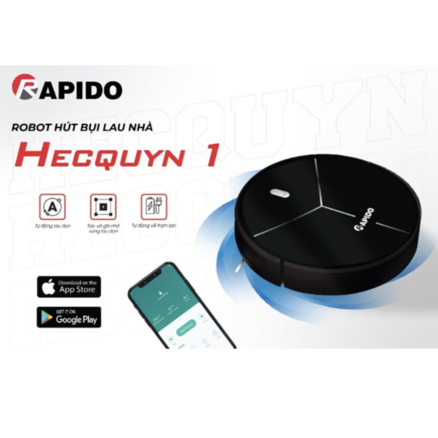 Robot hút bụi và lau nhà Rapido hecquyn 1 lực hút 2700PA, sạc pin tự động, có app và điều khiển từ xa