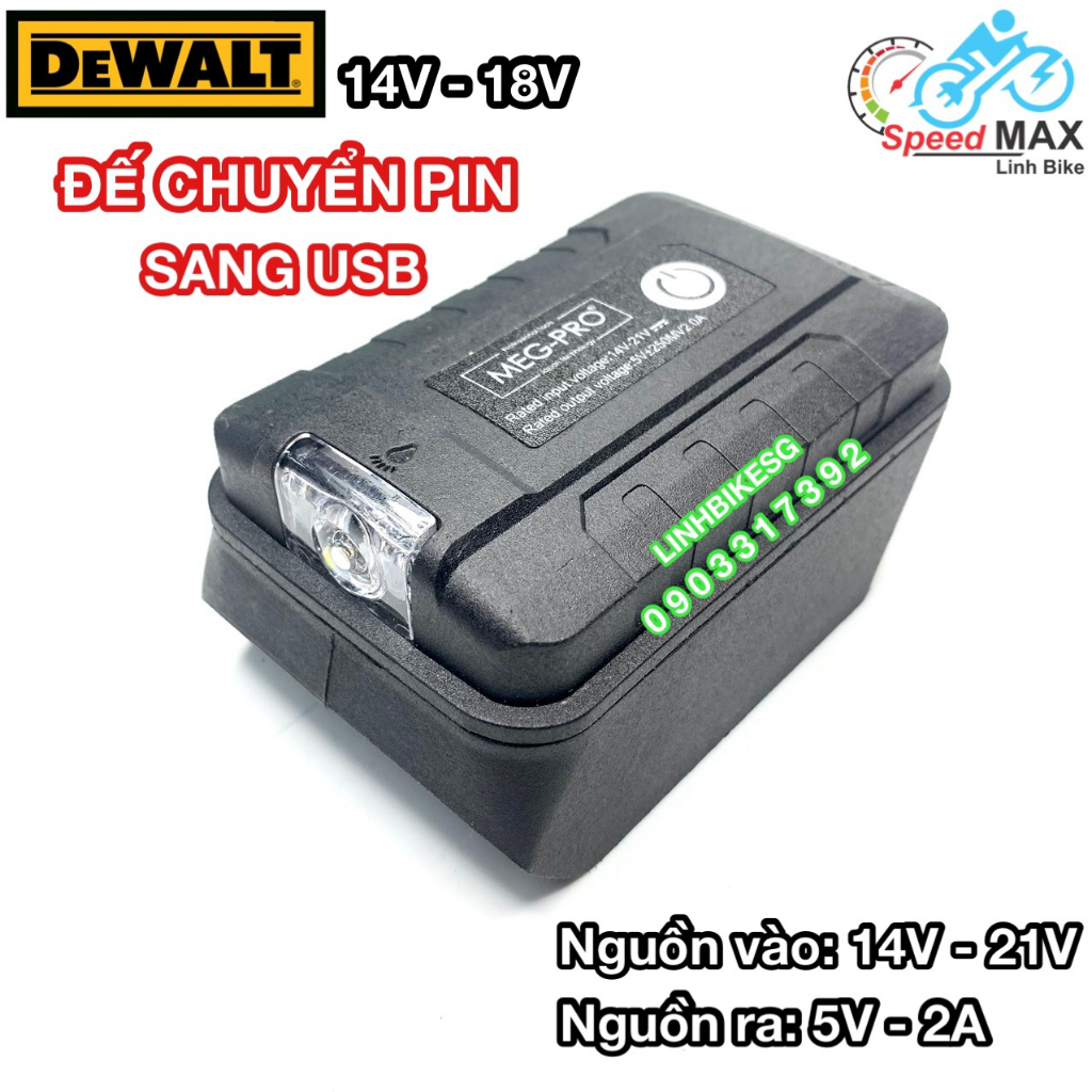 (DCB125) Đế chuyển pin Dewalt sang USB 2 cổng 5V có đèn tiện dụng (LinhbikeSG)