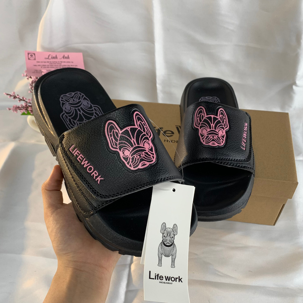 : Dép quai ngang Lifework in hình chó Pitbull đế IP chống bẩn tăng chiều cao 4cm (Linh Anh)