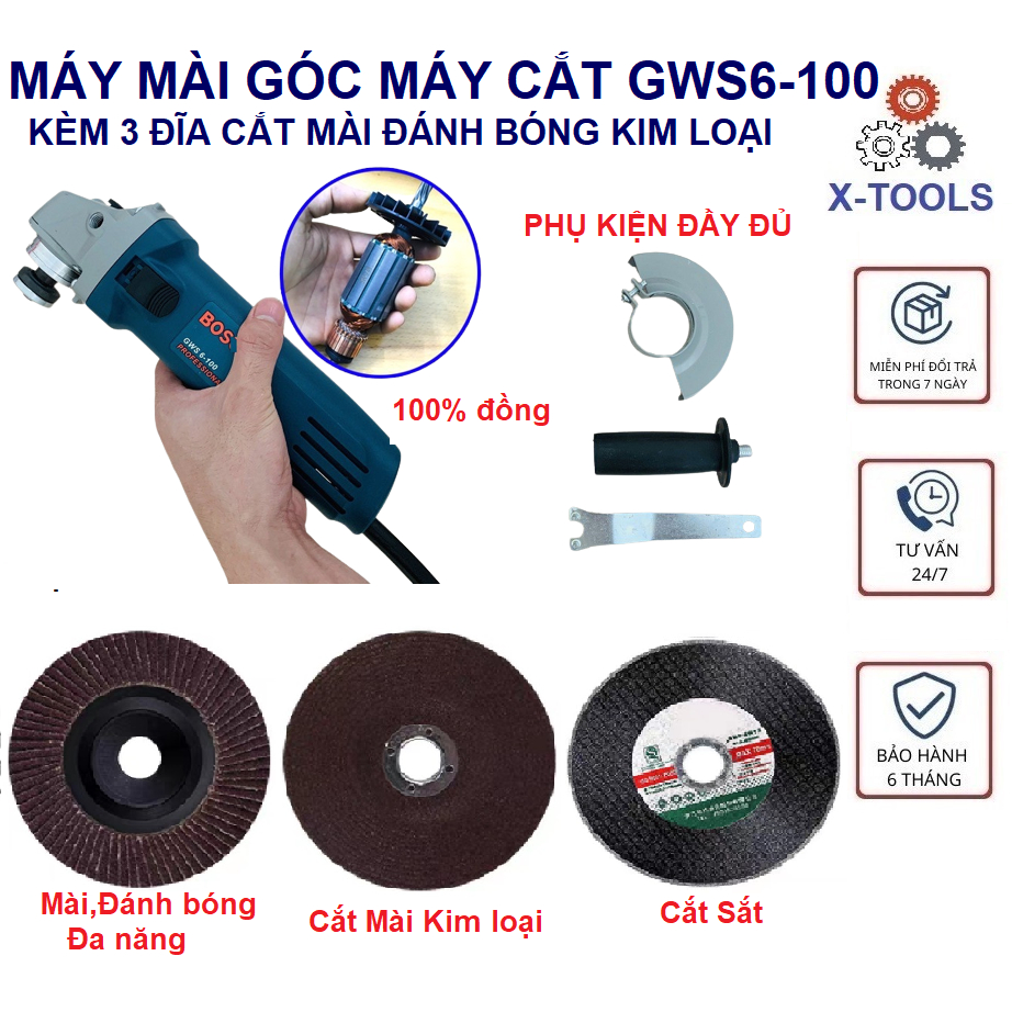 Máy Mài Góc Máy Cắt Cầm Tay GWS6-100 Kèm 8 Đĩa Cắt Mài Đánh Bóng Đa Năng, Máy mài cắt tay 1 tấc 670W Bảo Hành  6 tháng