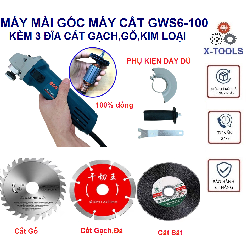 Máy Mài Góc Máy Cắt Cầm Tay GWS6-100 Kèm 8 Đĩa Cắt Mài Đánh Bóng Đa Năng, Máy mài cắt tay 1 tấc 670W Bảo Hành  6 tháng