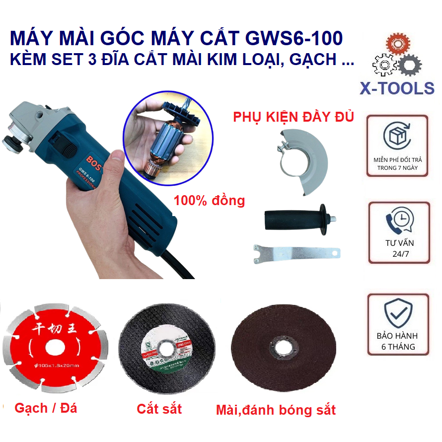 Máy Mài Góc Máy Cắt Cầm Tay GWS6-100 Kèm 8 Đĩa Cắt Mài Đánh Bóng Đa Năng, Máy mài cắt tay 1 tấc 670W Bảo Hành  6 tháng