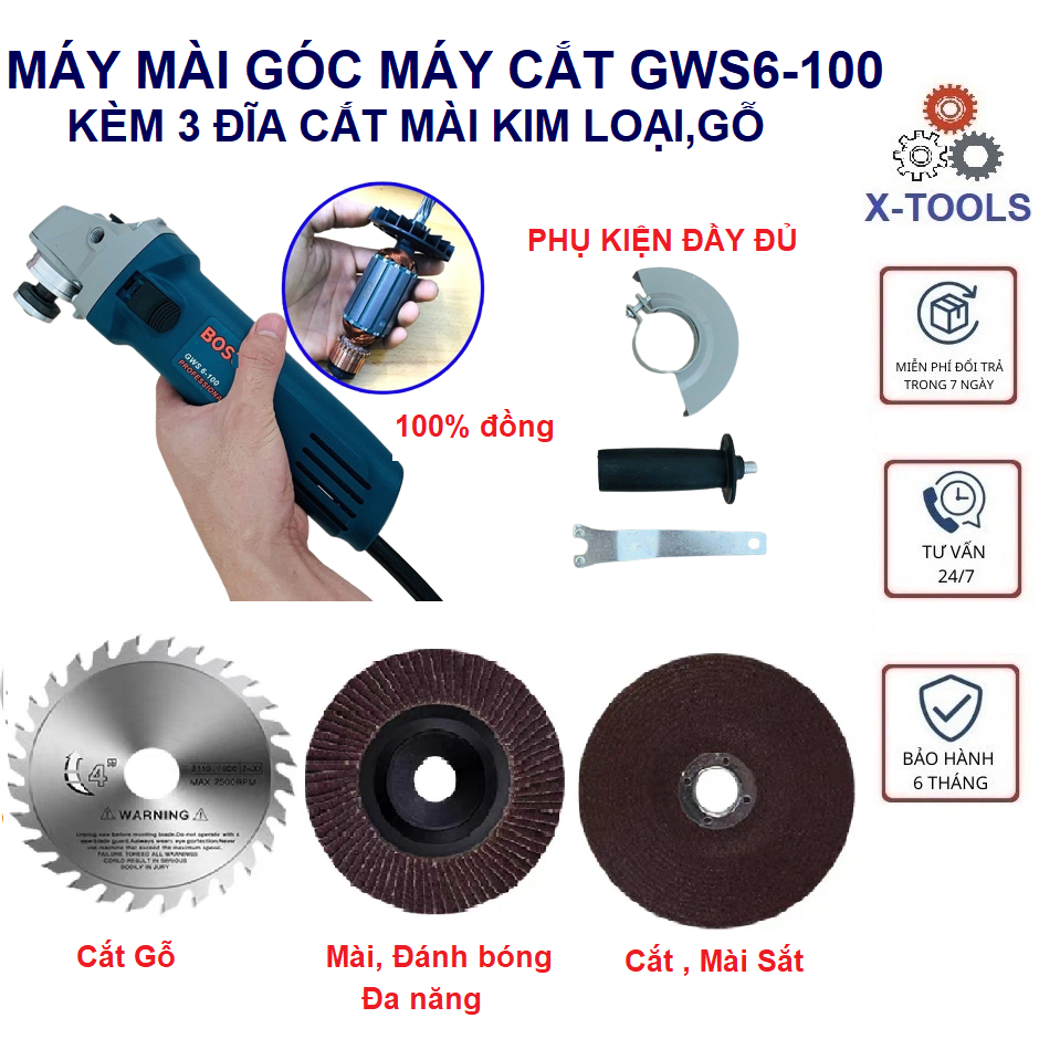 Máy Mài Góc Máy Cắt Cầm Tay GWS6-100 Kèm 8 Đĩa Cắt Mài Đánh Bóng Đa Năng, Máy mài cắt tay 1 tấc 670W Bảo Hành  6 tháng