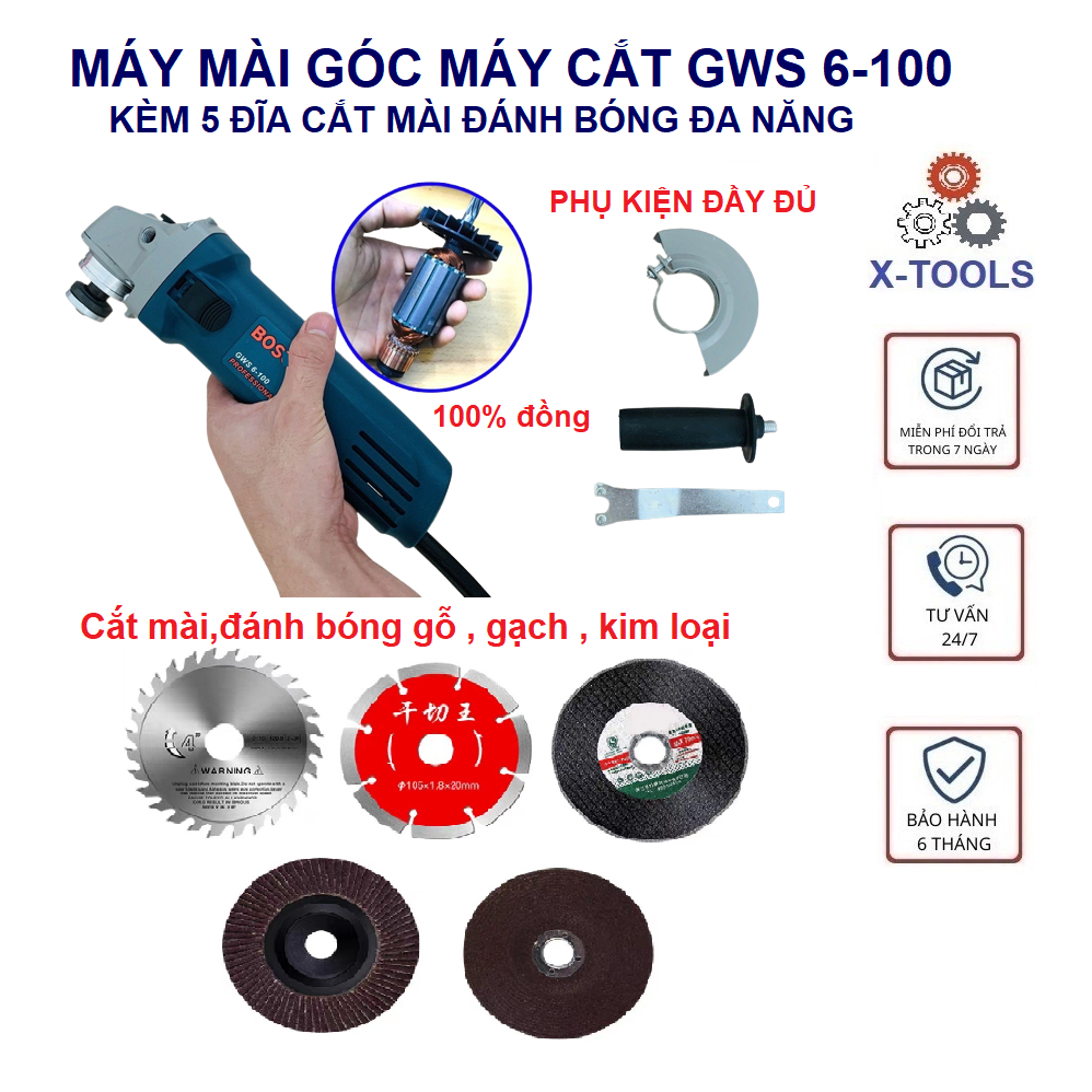 Máy Mài Góc Máy Cắt Cầm Tay GWS6-100 Kèm 8 Đĩa Cắt Mài Đánh Bóng Đa Năng, Máy mài cắt tay 1 tấc 670W Bảo Hành  6 tháng