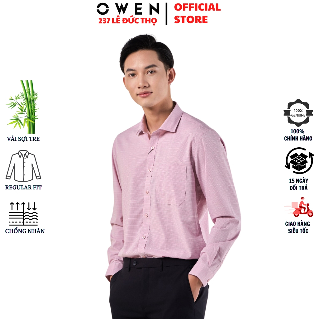 Áo sơ mi nam OWEN AR230030DT somi dài tay công sở kẻ caro nhỏ hồng form regular fit tà lượn có túi chất sợi tre cao cấp