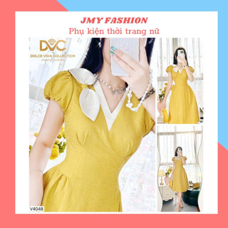 V4048 Váy xòe vàng công sở cổ V nơ vai nữ tính [Dolce Viva Colection (DVC)] váy đầm vàng tafta ánh nhũ tươi sáng